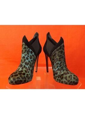 ALAIA DARK GREEN LEOPARD PONY HAIR SUEDE WINGS ANKLE BOOTS 38 $1270